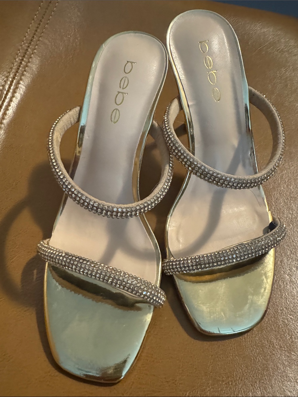 bebe Gold Crystal Double-Strap Slide Heels 3.5 inch